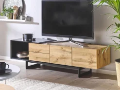 Tv-Mobel Heller Holzfarbton / Schwarz 160 X 39 X 44 Cm Fiora