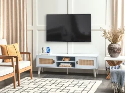 Tv-Mobel Weis / Heller Holzfarbton Rattan-Turen 140 X 39 X 45 Cm Parton