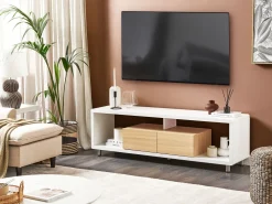Tv-Mobel Weis / Heller Holzfarbton Mit 2 Schubladen 159 X 39 X 50 Cm Knox