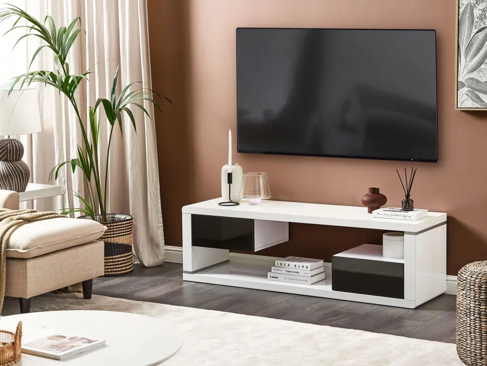 Tv-Mobel Weis / Schwarz Mit 2 Schubladen 140 X 39 X 43 Cm Spokan