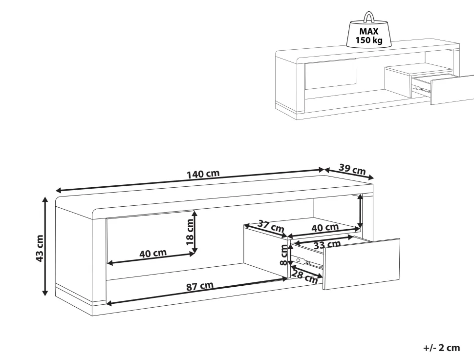 Tv-Mobel Weis / Schwarz Mit 2 Schubladen 140 X 39 X 43 Cm Spokan