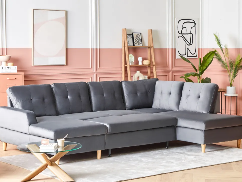 Velvet Corner Sofa Bed With Storage Grey Lerum