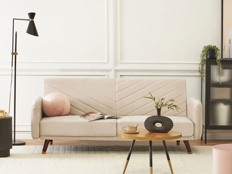 Velvet Fabric Sofa Bed Beige Senja