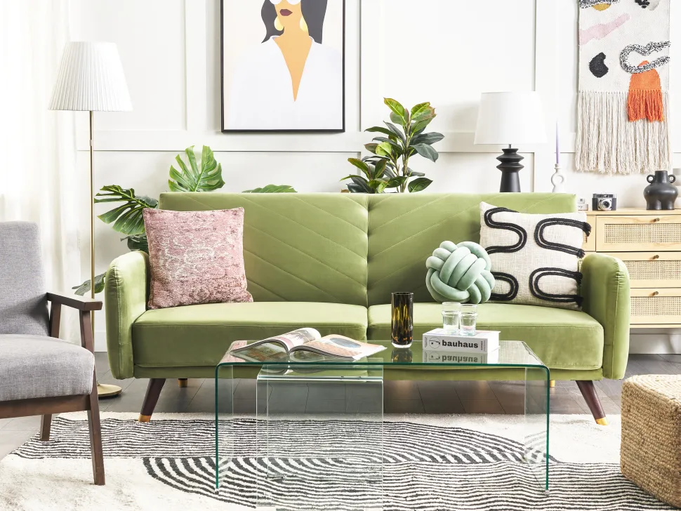 Velvet Fabric Sofa Bed Olive Green Senja