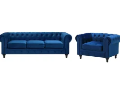 Velvet Living Room Set Navy Blue Chesterfield