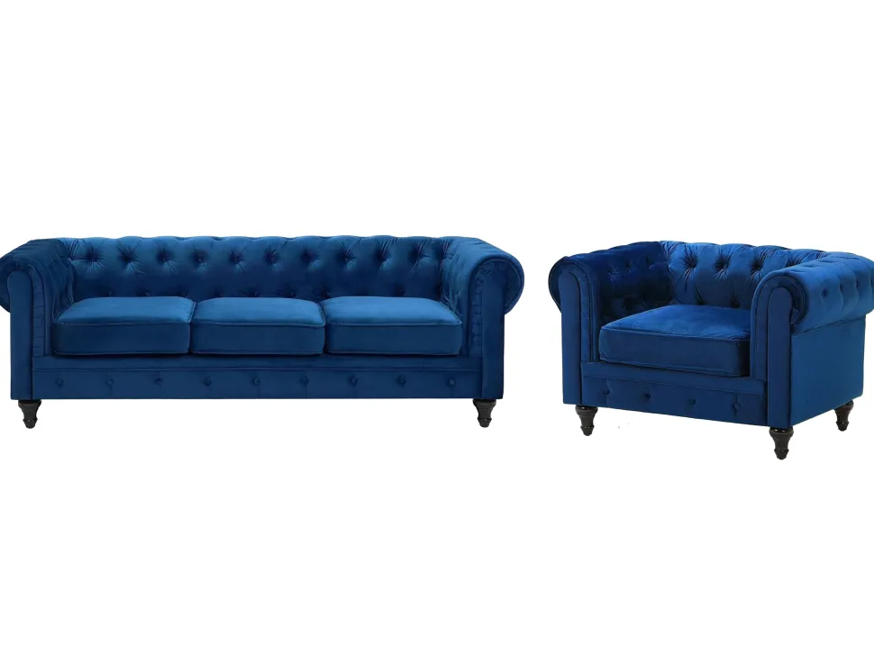 Velvet Living Room Set Navy Blue Chesterfield