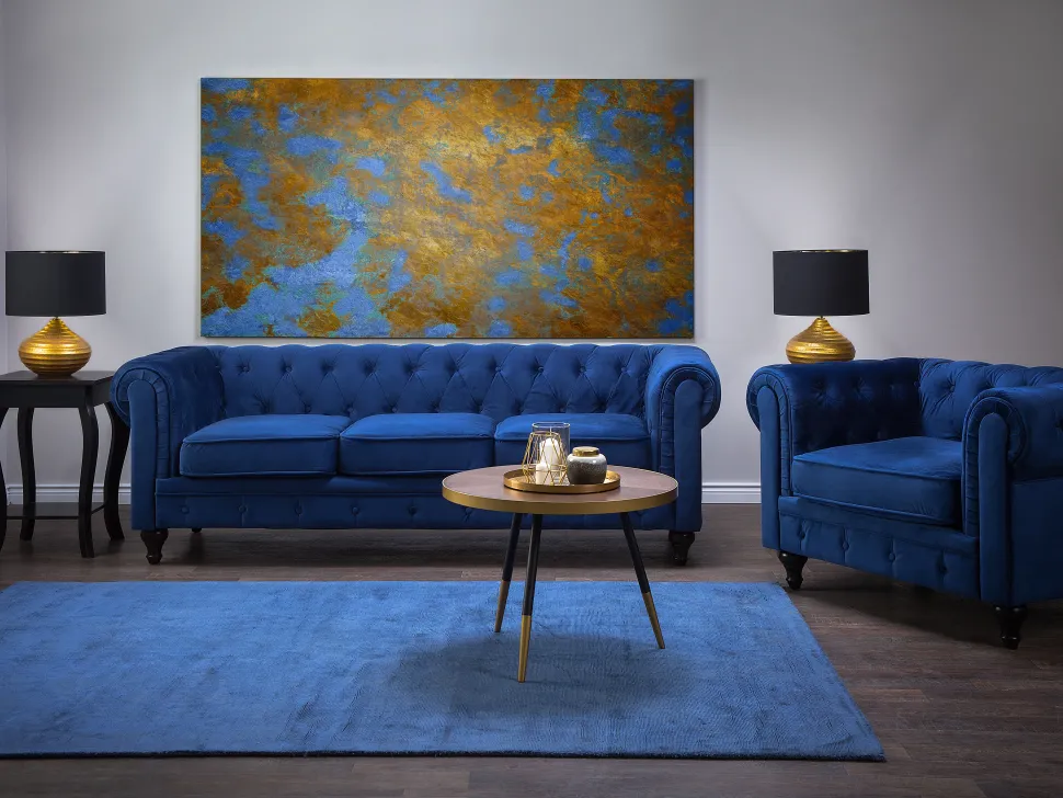 Velvet Living Room Set Navy Blue Chesterfield