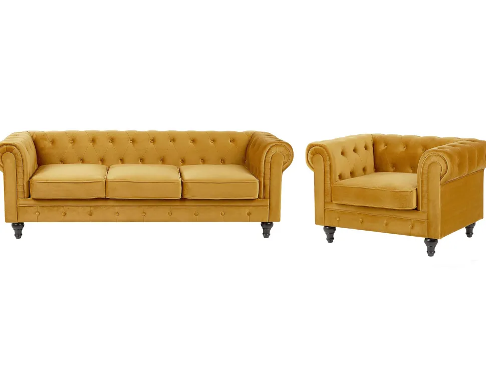 Velvet Living Room Set Yellow Chesterfield
