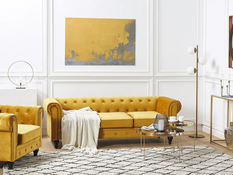 Velvet Living Room Set Yellow Chesterfield