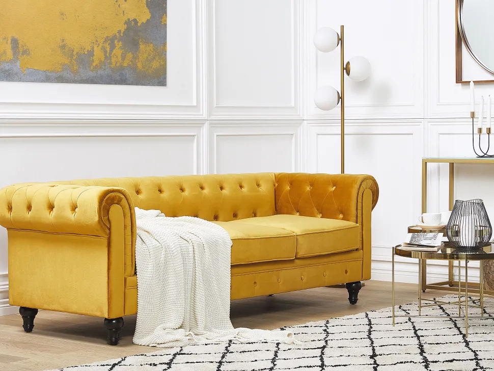 Velvet Living Room Set Yellow Chesterfield