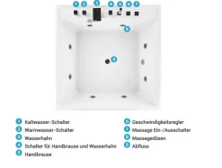 Whirlpool Badewanne Freistehend Weis Quadratisch 130 X 130 Cm Tahua