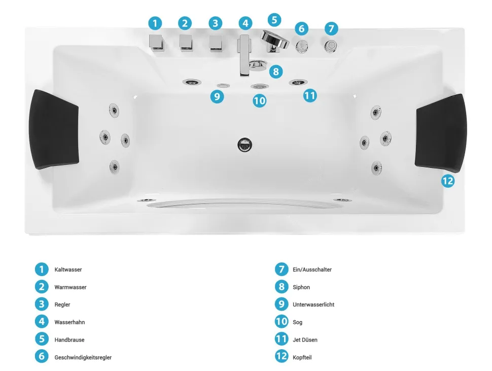 Whirlpool Badewanne Weis Rechteckig Mit Led 180 X 80 Cm Hawes