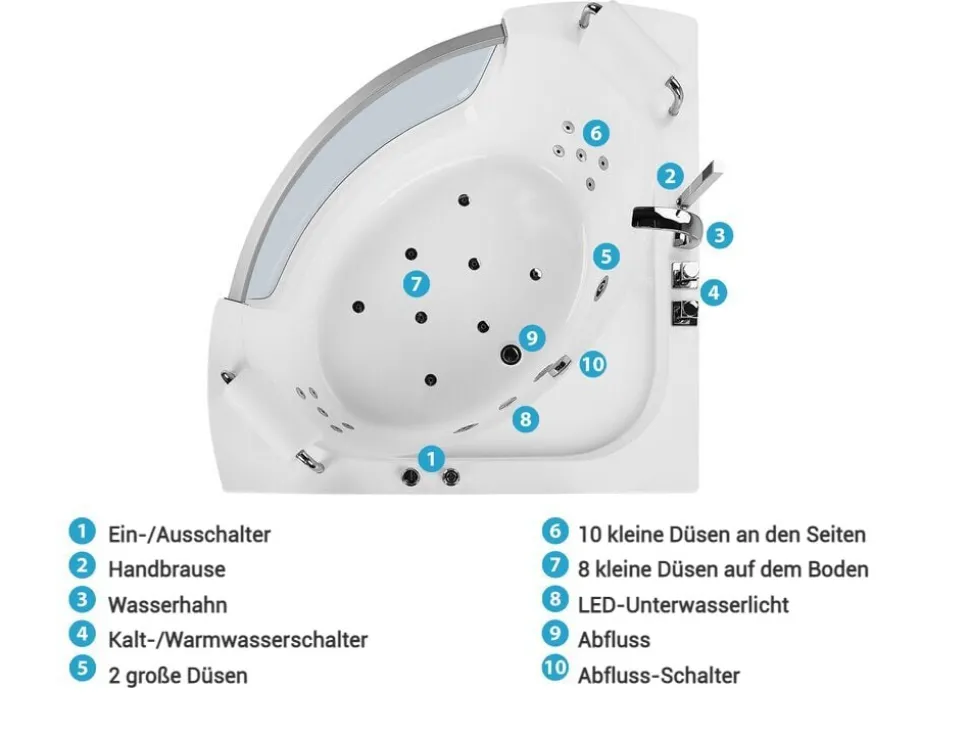 Whirlpool-Badewanne Weis Eckmodell Mit Led 200 X 150 Cm Mangle